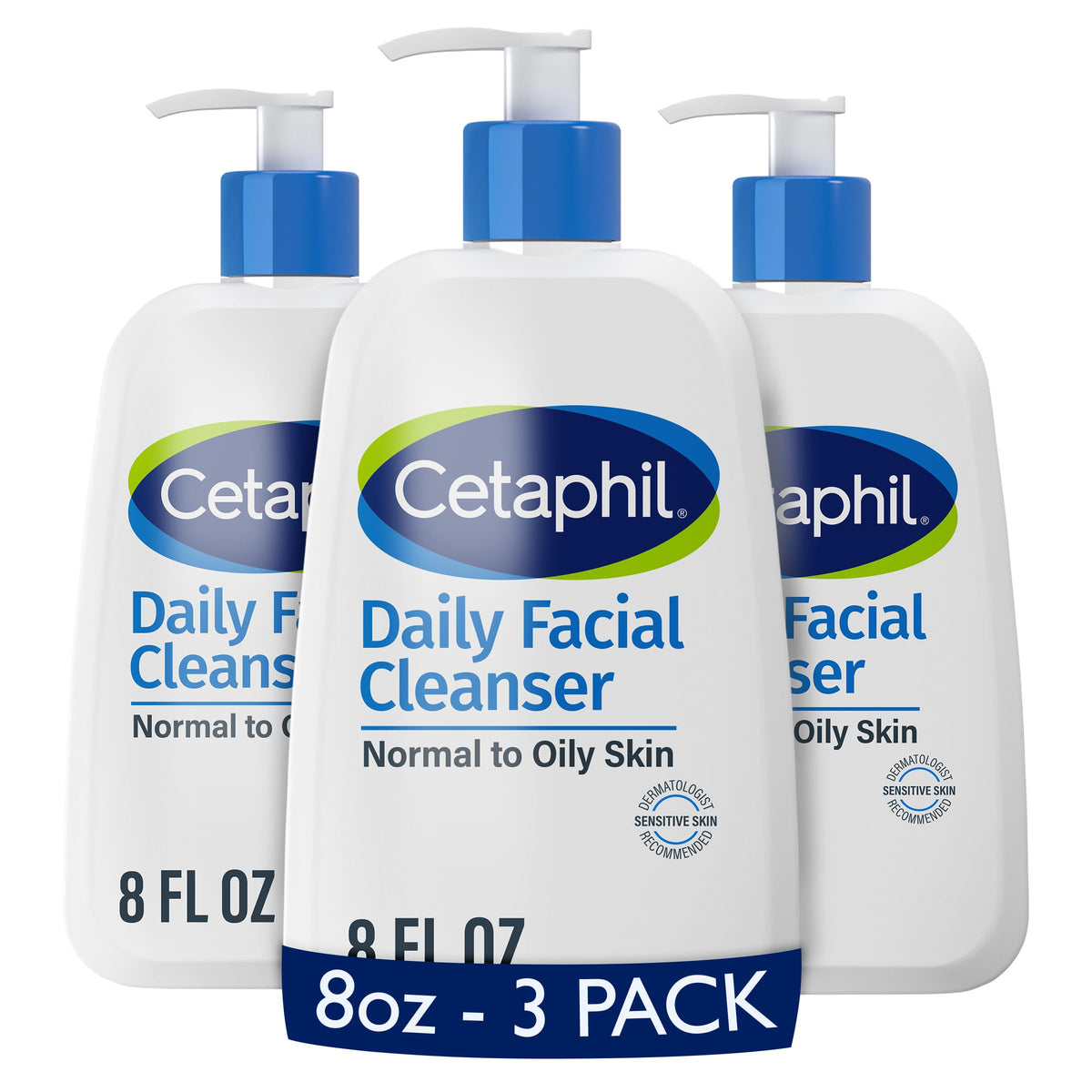 Cetaphil front packaging showing 8 oz bottle and three pack benefits