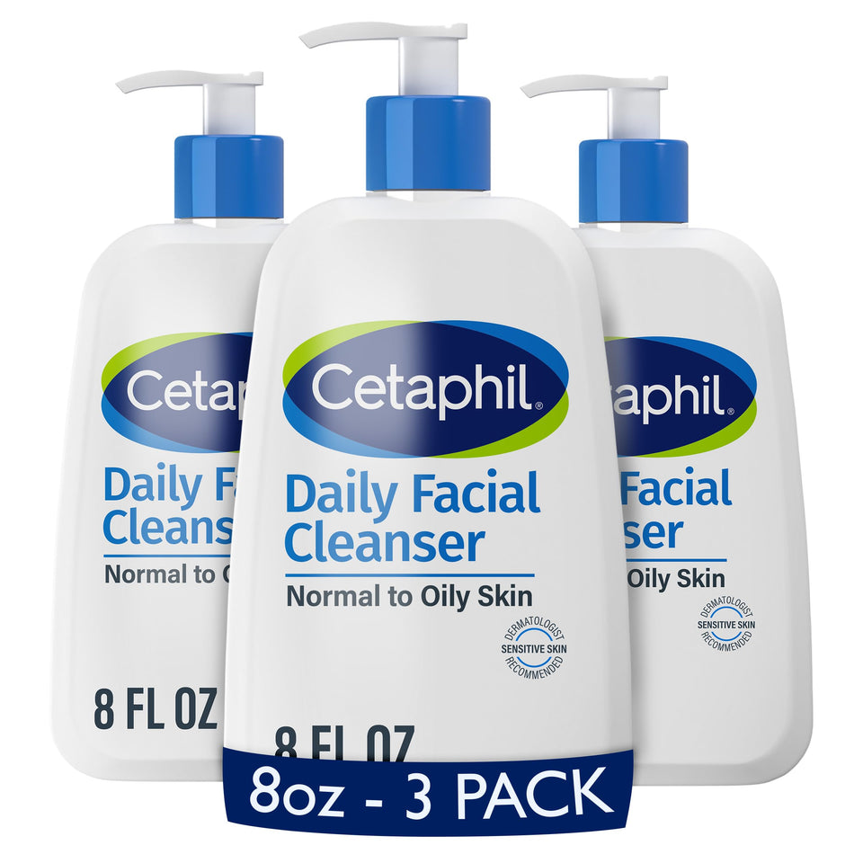 Cetaphil front packaging showing 8 oz bottle and three pack benefits