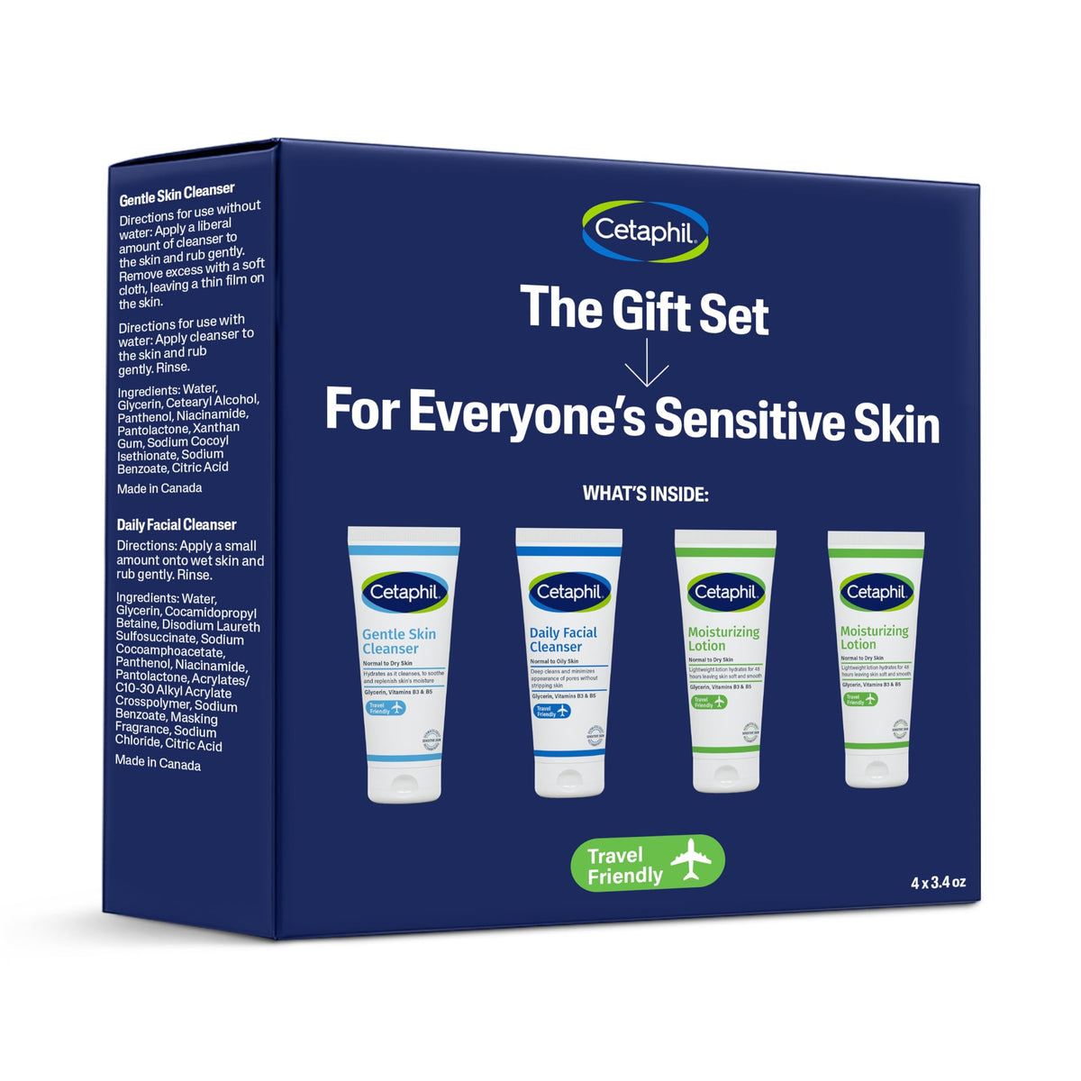 Cetaphil front packaging set showing four travel-sized tubes, trusted travel convenience