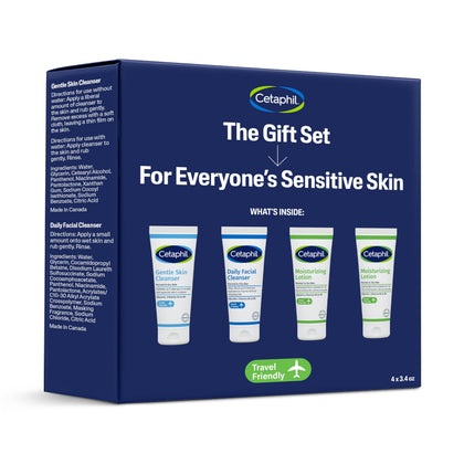 Cetaphil front packaging set showing four travel-sized tubes, trusted travel convenience