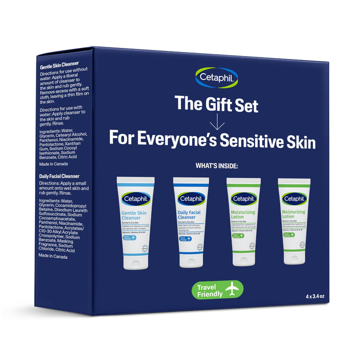 Cetaphil front packaging set showing four travel-sized tubes, trusted travel convenience