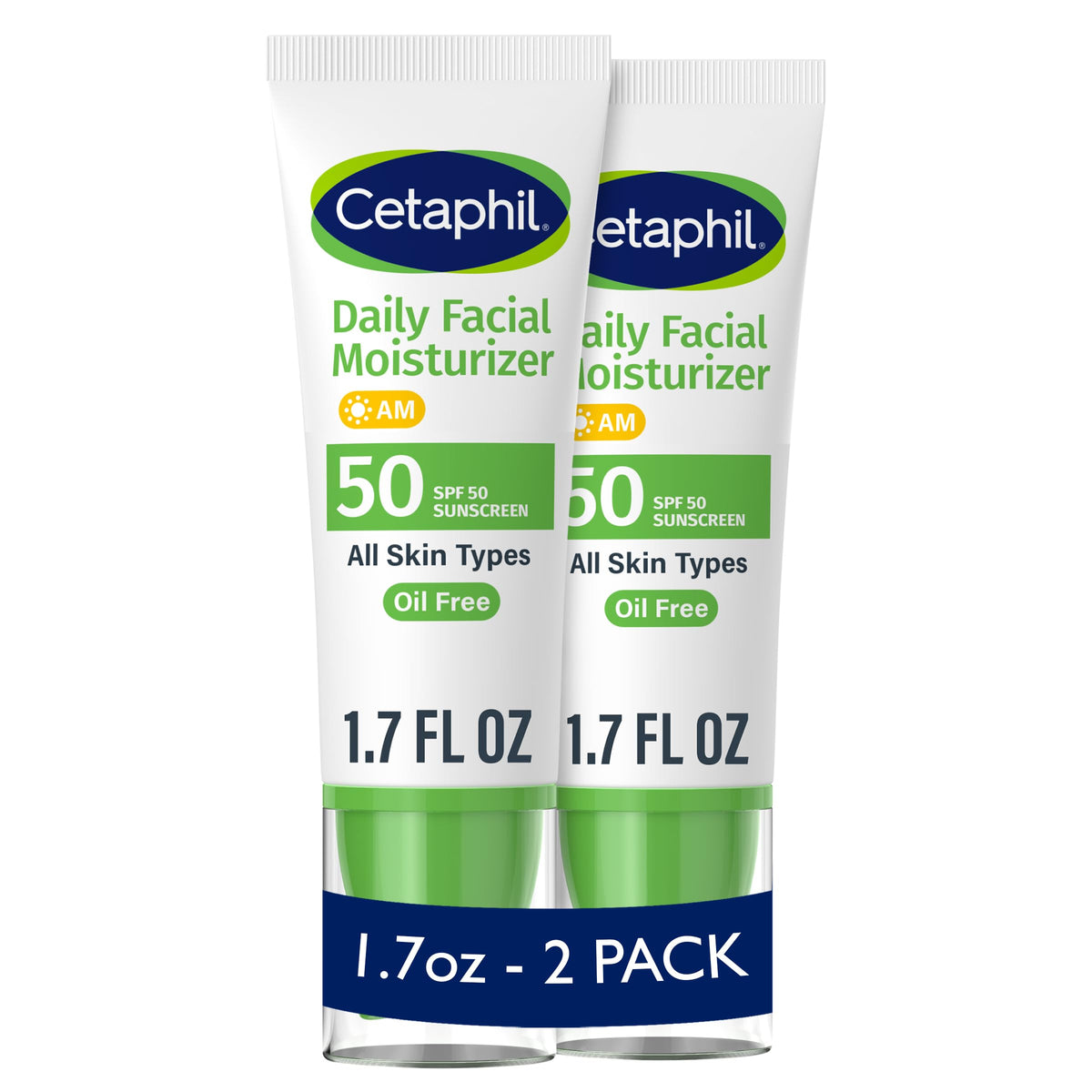 Cetaphil front packaging shows SPF 50 protection and gentle hydration benefit