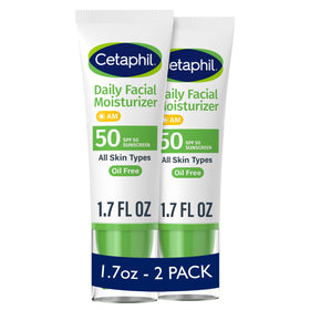 Cetaphil front packaging shows SPF 50 protection and gentle hydration benefit