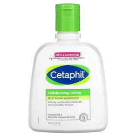 Cetaphil front bottle showing label and pump, clear view, easy dispensing benefit