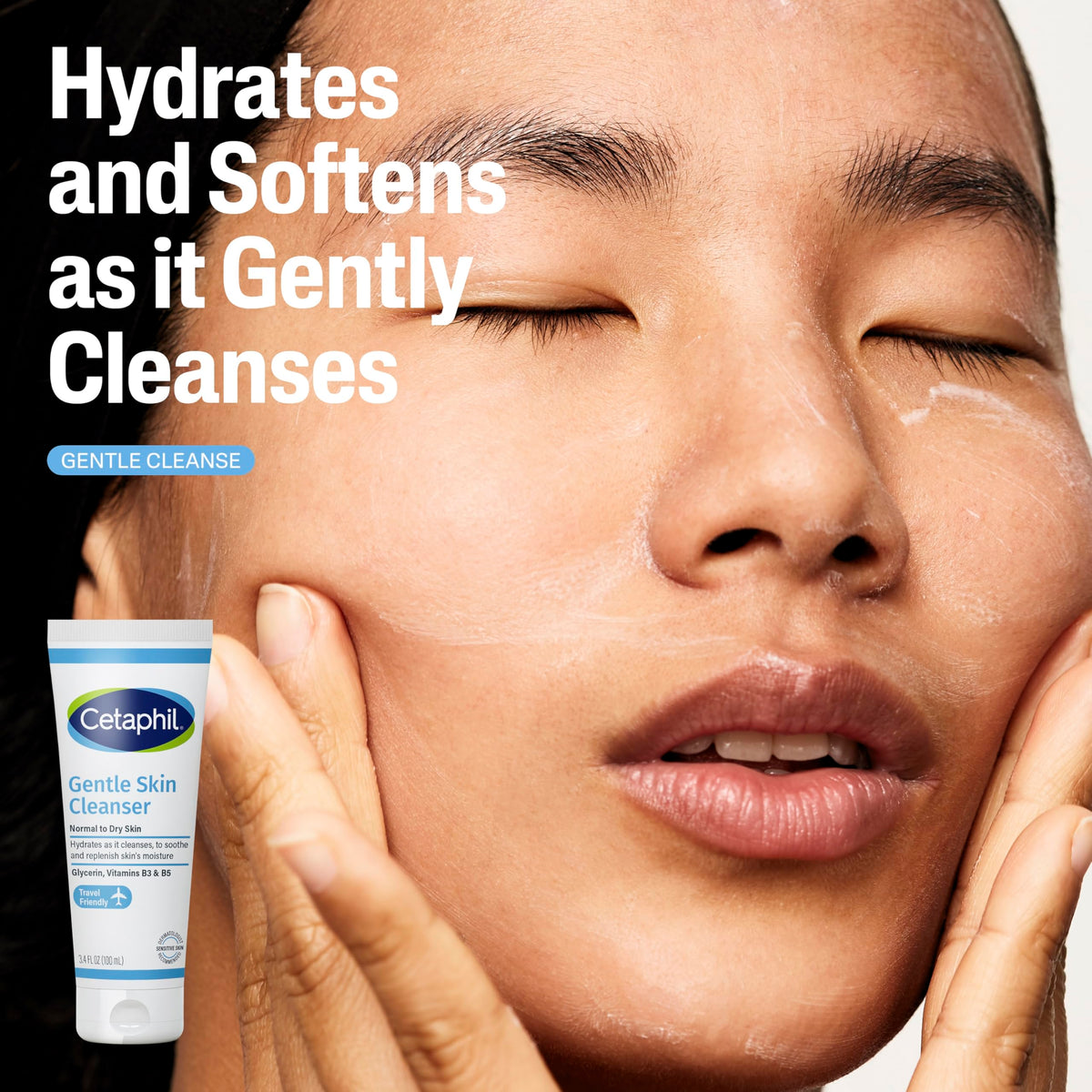 Cetaphil Gentle Skin Cleanser close-up tube and cream, gentle hydration benefit
