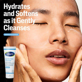 Cetaphil Gentle Skin Cleanser close-up tube and cream, gentle hydration benefit