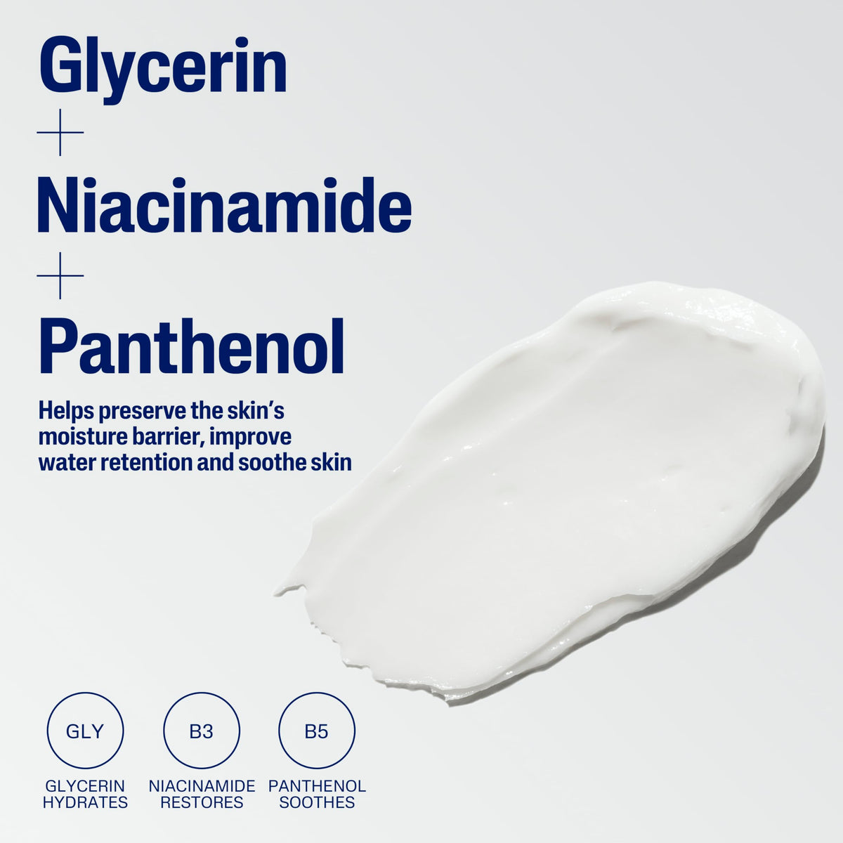 Cetaphil ingredient display highlighting glycerin and vitamins B3 B5