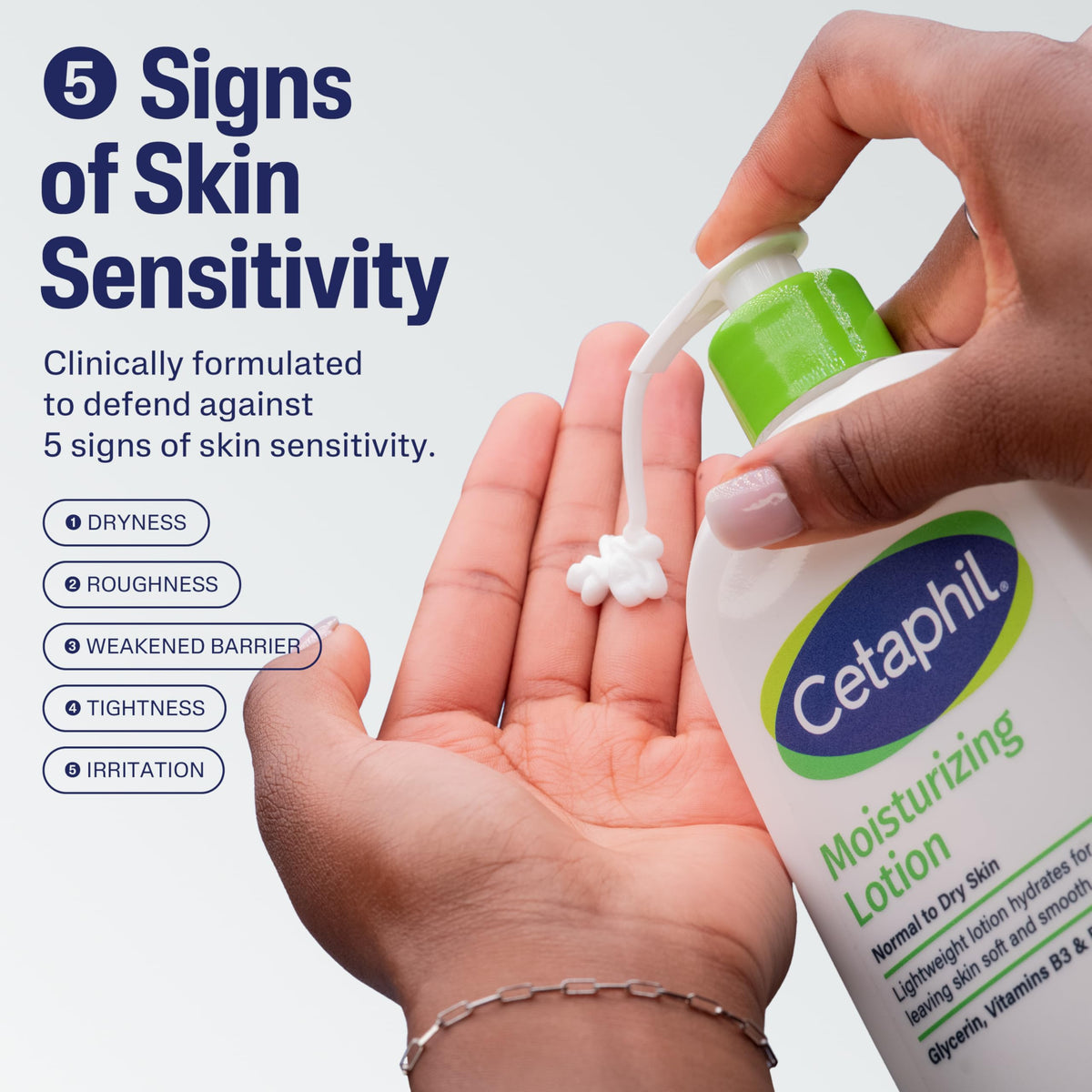 Cetaphil lotion texture on skin showing lightweight finish and quick absorption benefit