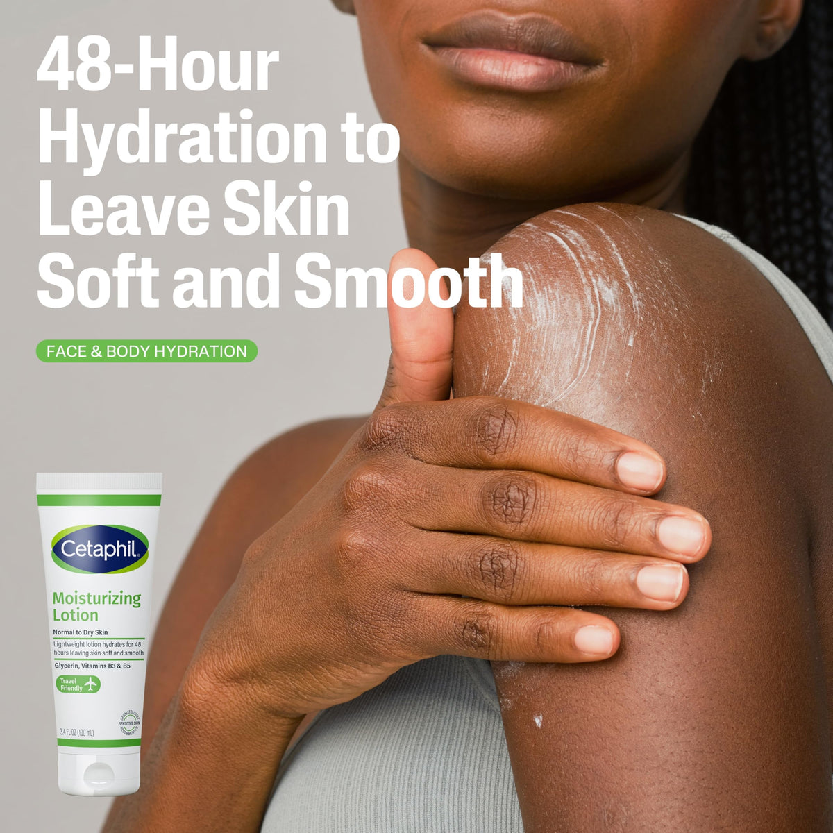Cetaphil Moisturizing Lotion dispensing from tube, lightweight hydration benefit