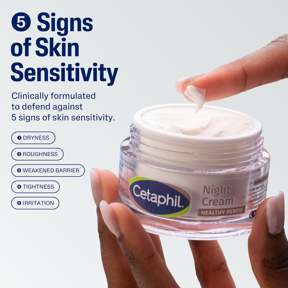 Cetaphil night cream texture close-up illustrating creamy hydration feel