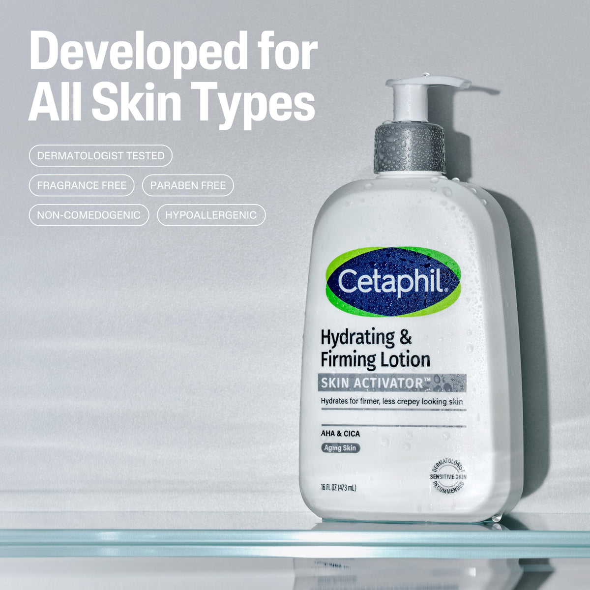 Cetaphil pump and label closeup highlighting dosage and dermatologist-tested benefit