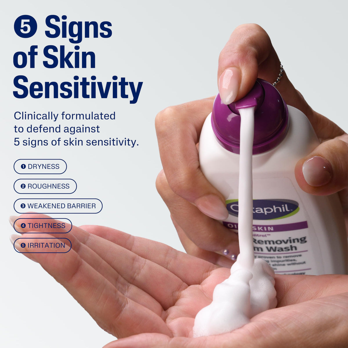 Cetaphil pump dispensing light foam into hand, demonstrates easy application and control