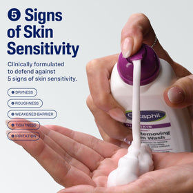 Cetaphil pump dispensing light foam into hand, demonstrates easy application and control