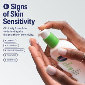 Cetaphil pump dispenser detail highlighting easy one-handed application benefit