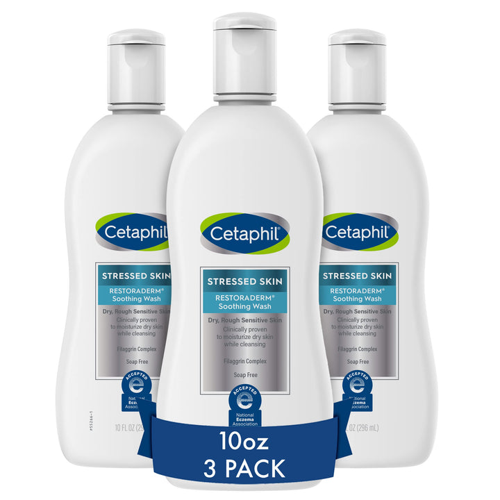 Cetaphil front packaging showing product benefits and three-pack convenience