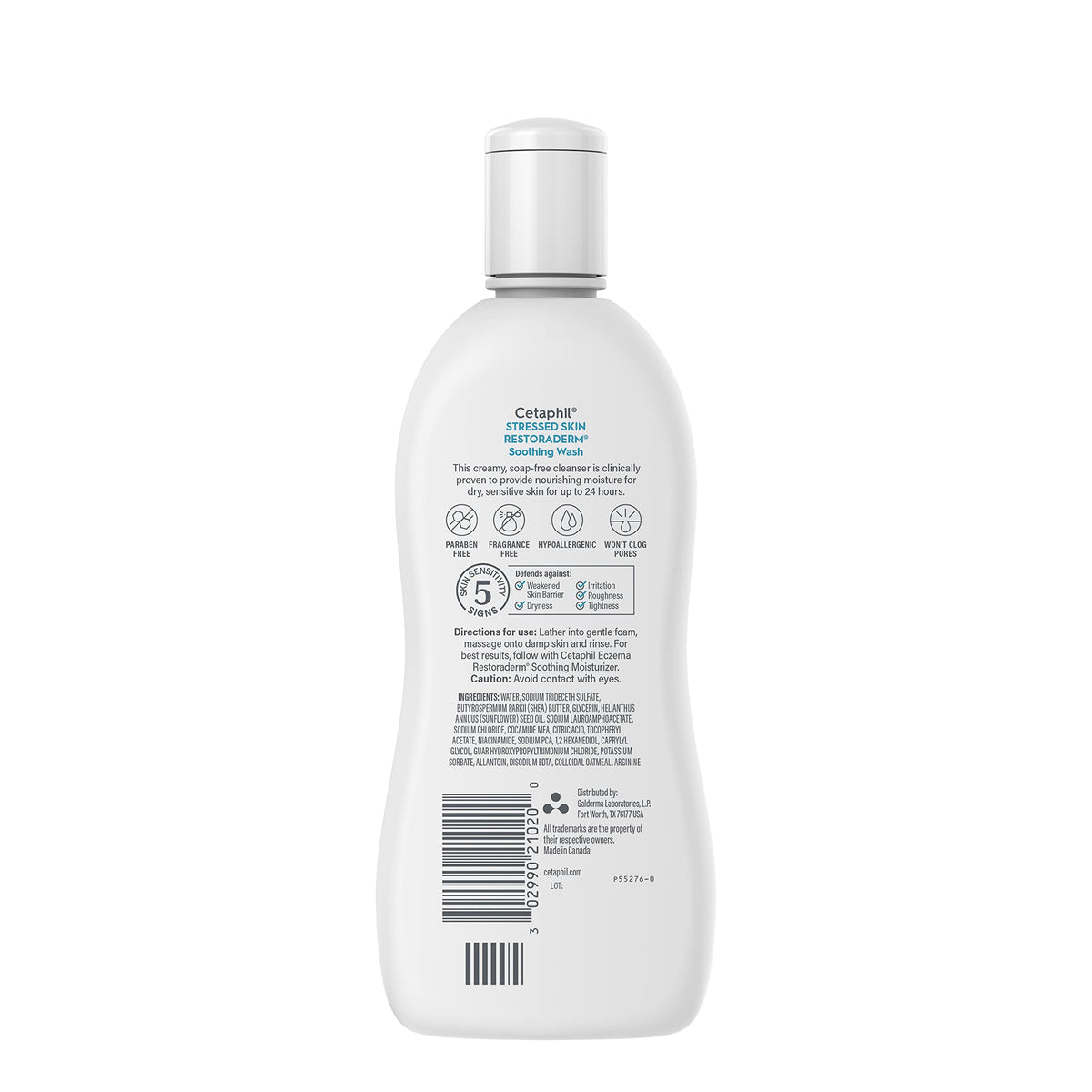 Cetaphil bottle in hand showing 10 fl oz scale and travel-friendly benefit