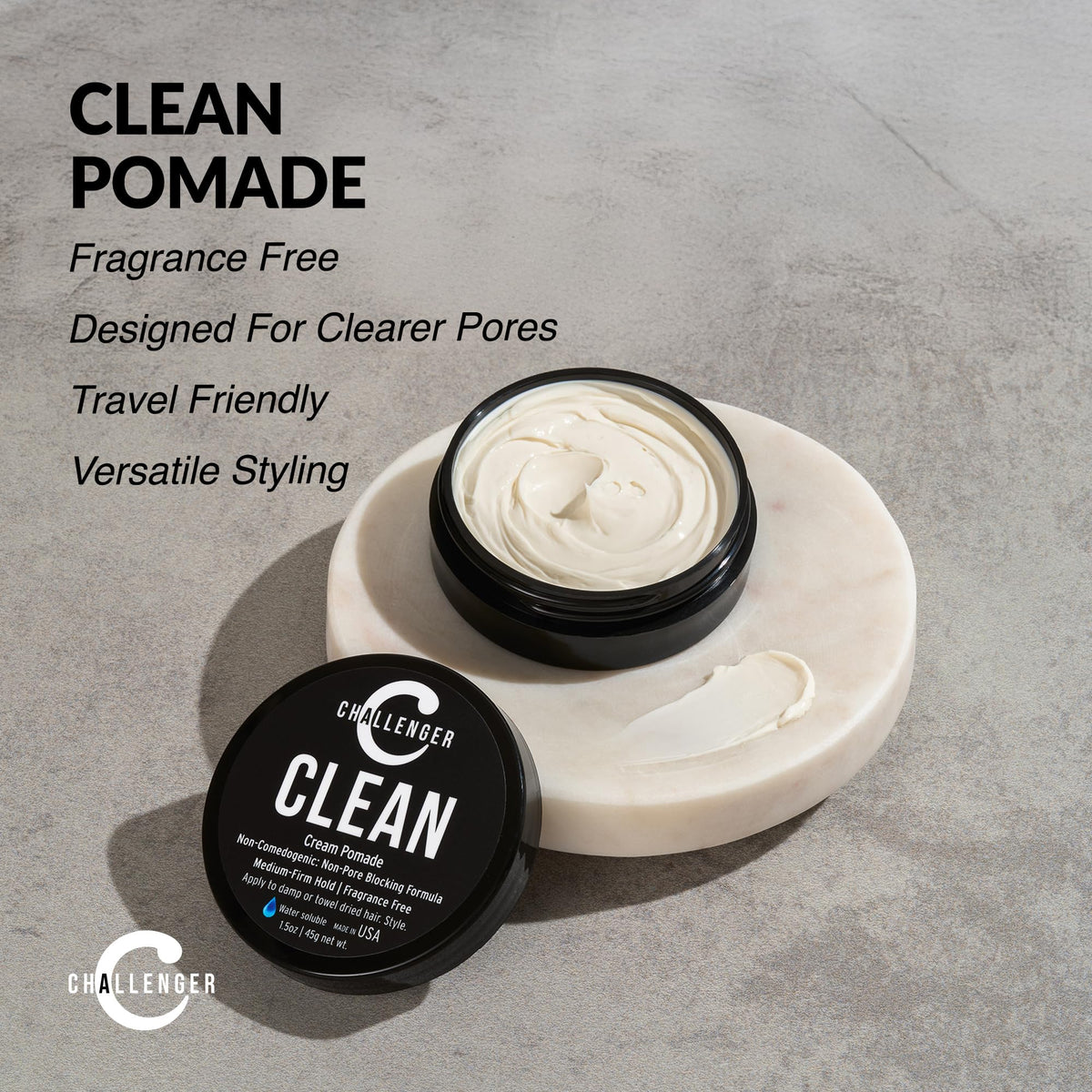 Challenger styled short hair lifestyle image showing natural matte finish benefit