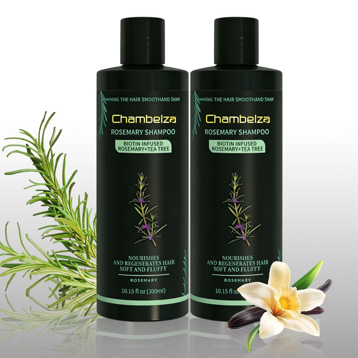 Chambelza front packaging showing two bottles and rosemary, promotes consistent care