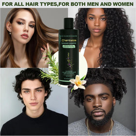 Chambelza model rinsing hair illustrates visible smoothing and manageability