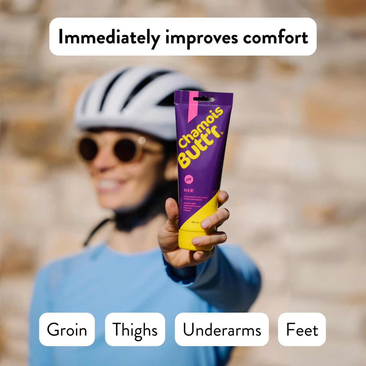 Chamois Butt'r Her' applied to chamois pad to reduce friction during cycling
