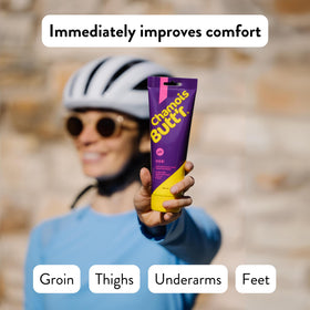 Chamois Butt'r Her' applied to chamois pad to reduce friction during cycling