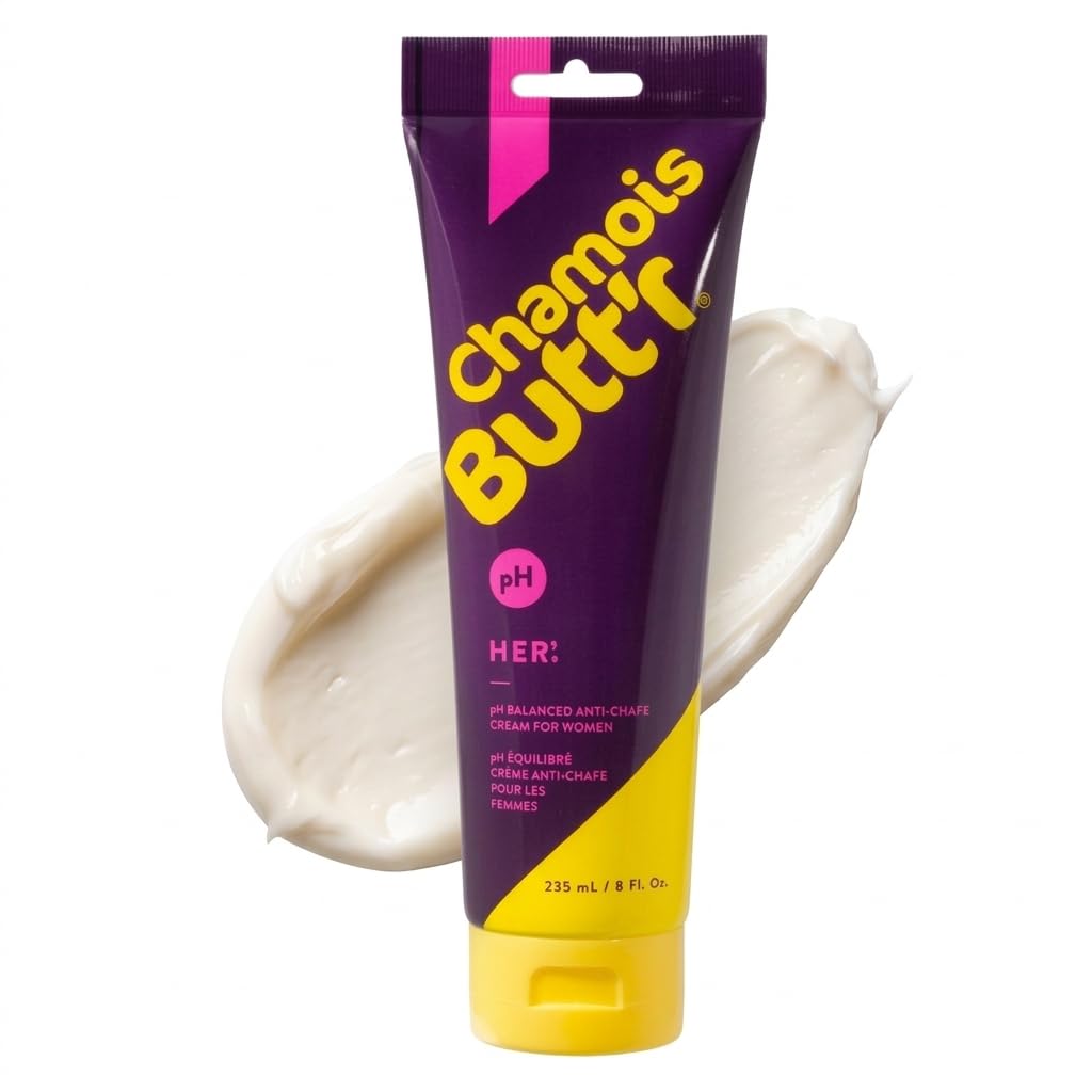 Chamois Butt'r Her' front tube showing label and 8-ounce size for easy storage