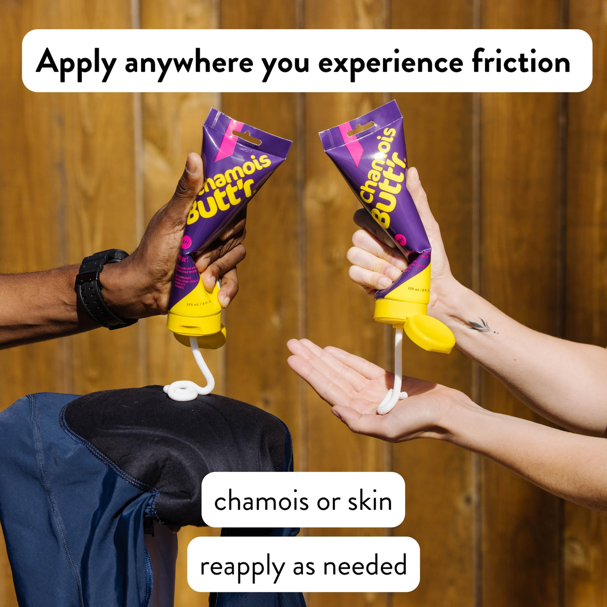 Chamois Butt'r Her' cream texture on fingertip demonstrating smooth non-greasy spread