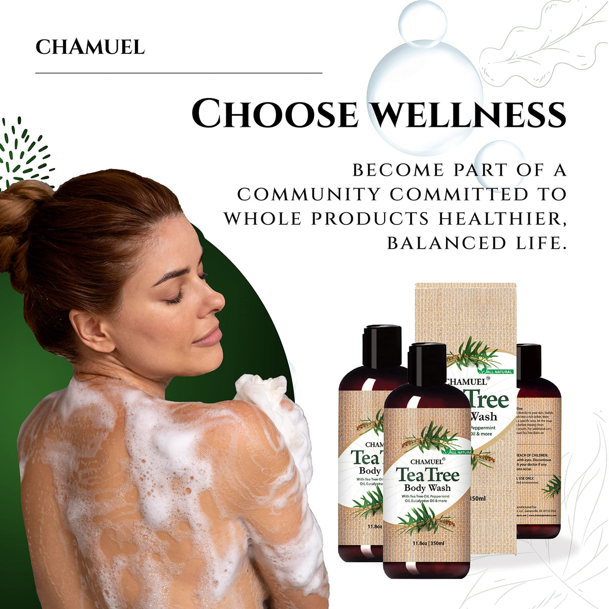 Chamuel ingredients flatlay with peppermint, eucalyptus and tea tree highlighting natural formula