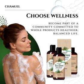 Chamuel ingredients flatlay with peppermint, eucalyptus and tea tree highlighting natural formula