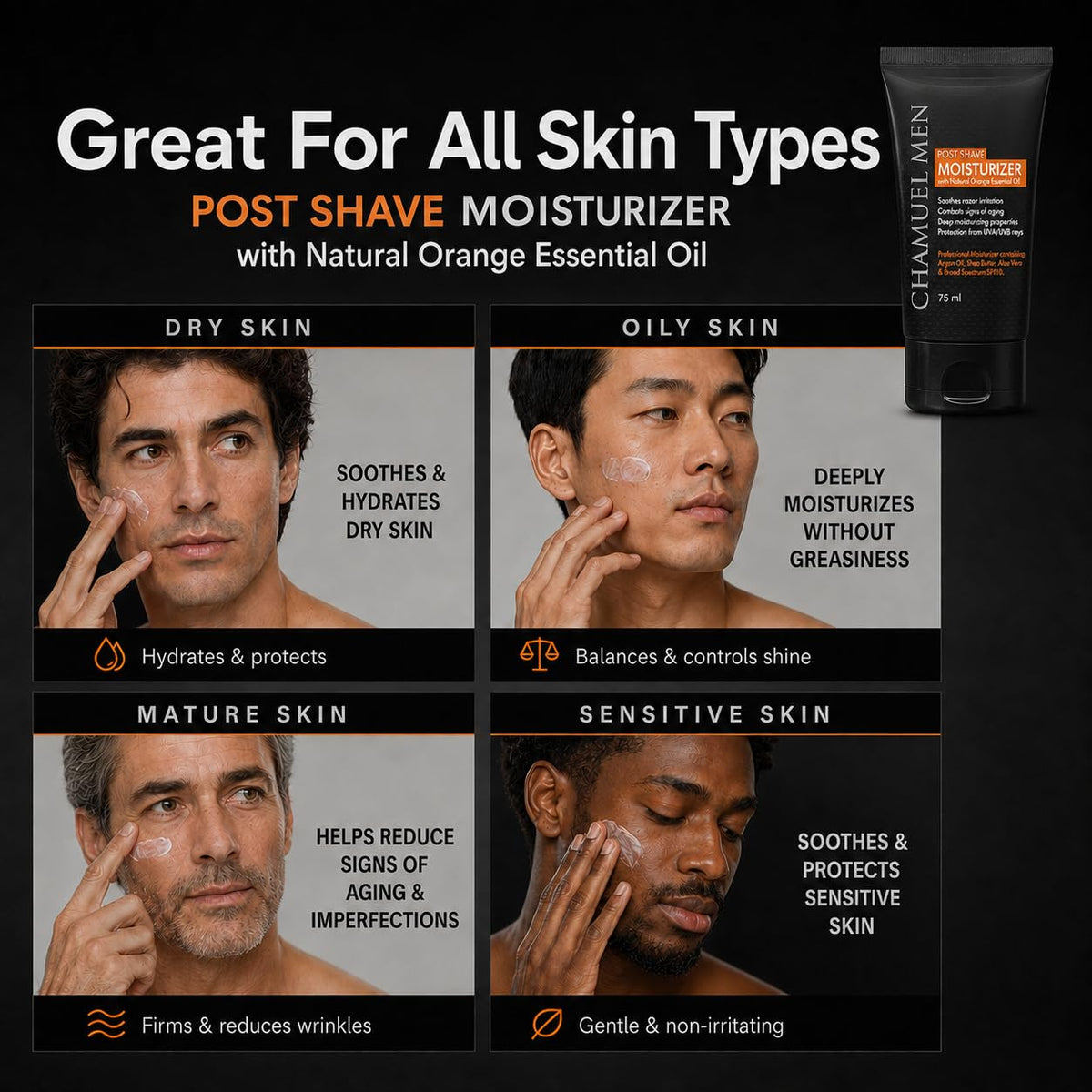 CHAMUEL MEN ingredients scene with argan, shea and aloe for calming relief