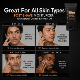 CHAMUEL MEN ingredients scene with argan, shea and aloe for calming relief