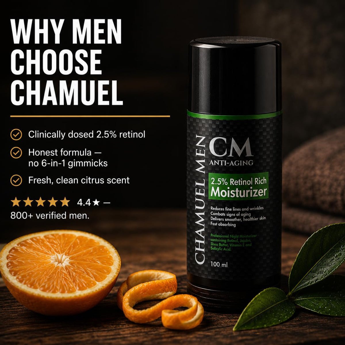 CHAMUEL MEN ingredients label highlighting retinol and vitamins