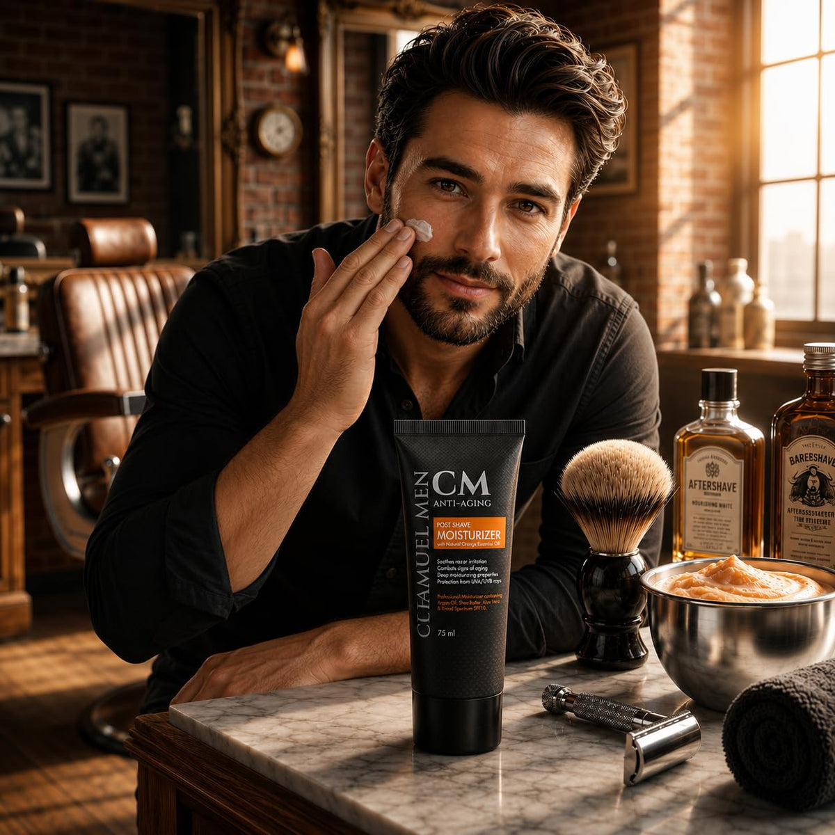 CHAMUEL MEN post-shave application on jawline to soothe razor irritation