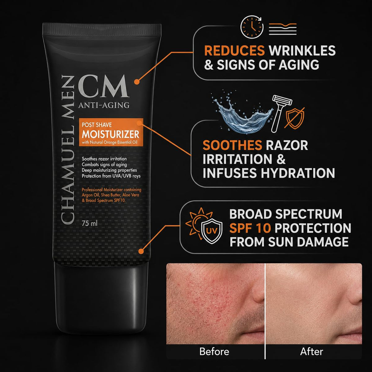 CHAMUEL MEN dispensing a droplet to show fast-absorbing, non-greasy finish