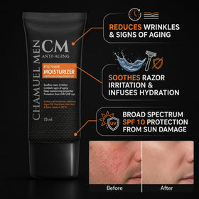 CHAMUEL MEN dispensing a droplet to show fast-absorbing, non-greasy finish