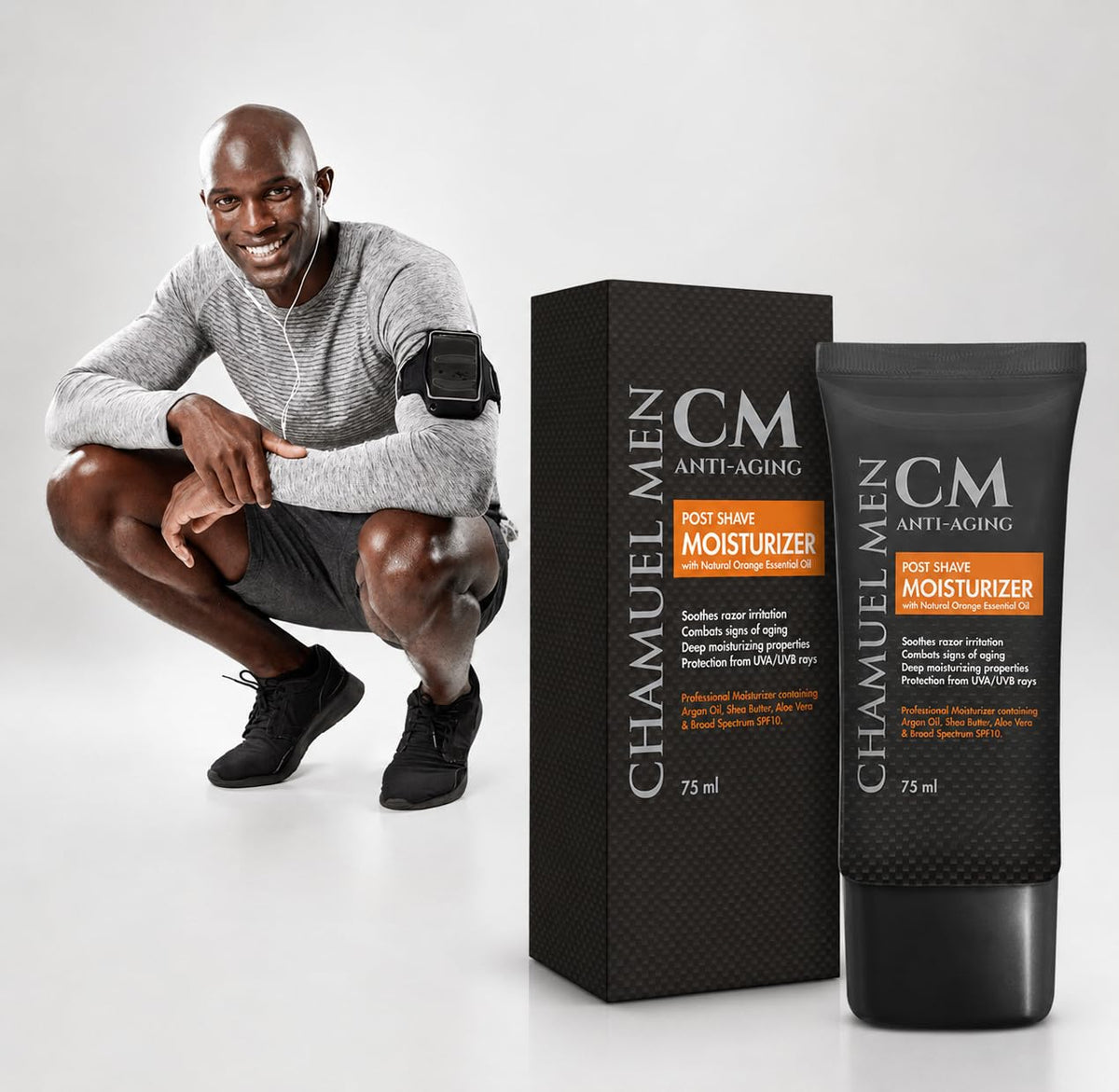 CHAMUEL MEN bottle in hand to show 2.6 oz travel-friendly size