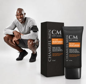 CHAMUEL MEN bottle in hand to show 2.6 oz travel-friendly size