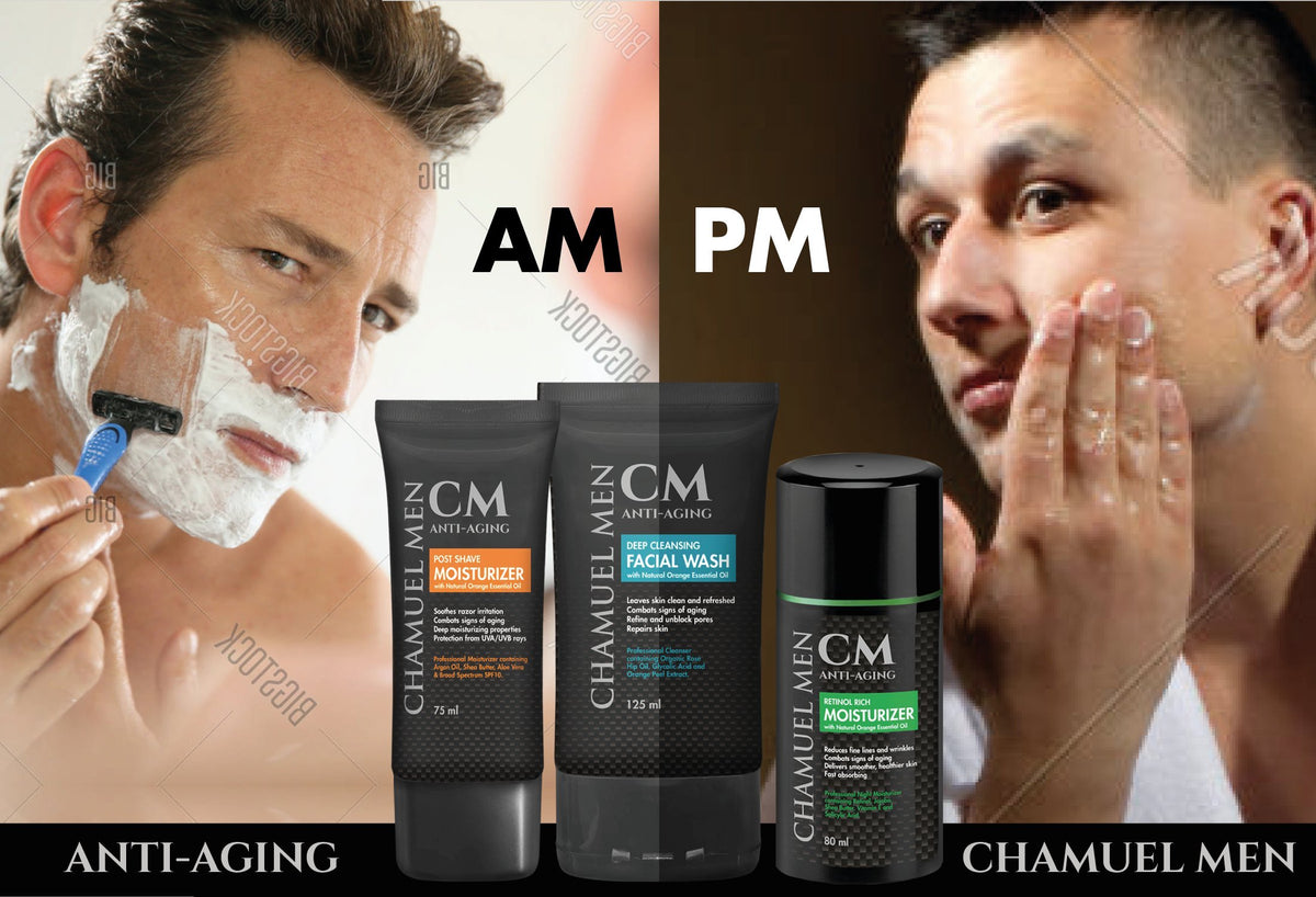 CHAMUEL MEN bottle on bathroom shelf among travel items for convenience