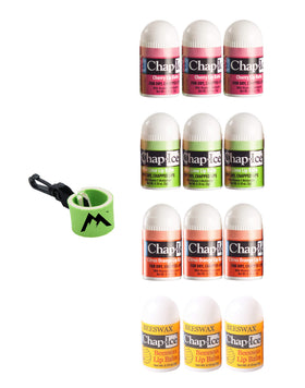 CHAP-ICE front packaging showing 12 assorted mini balms and keychain, convenient storage
