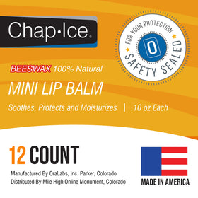 CHAP-ICE label close-up listing beeswax peppermint and vitamin E for ingredient transparency