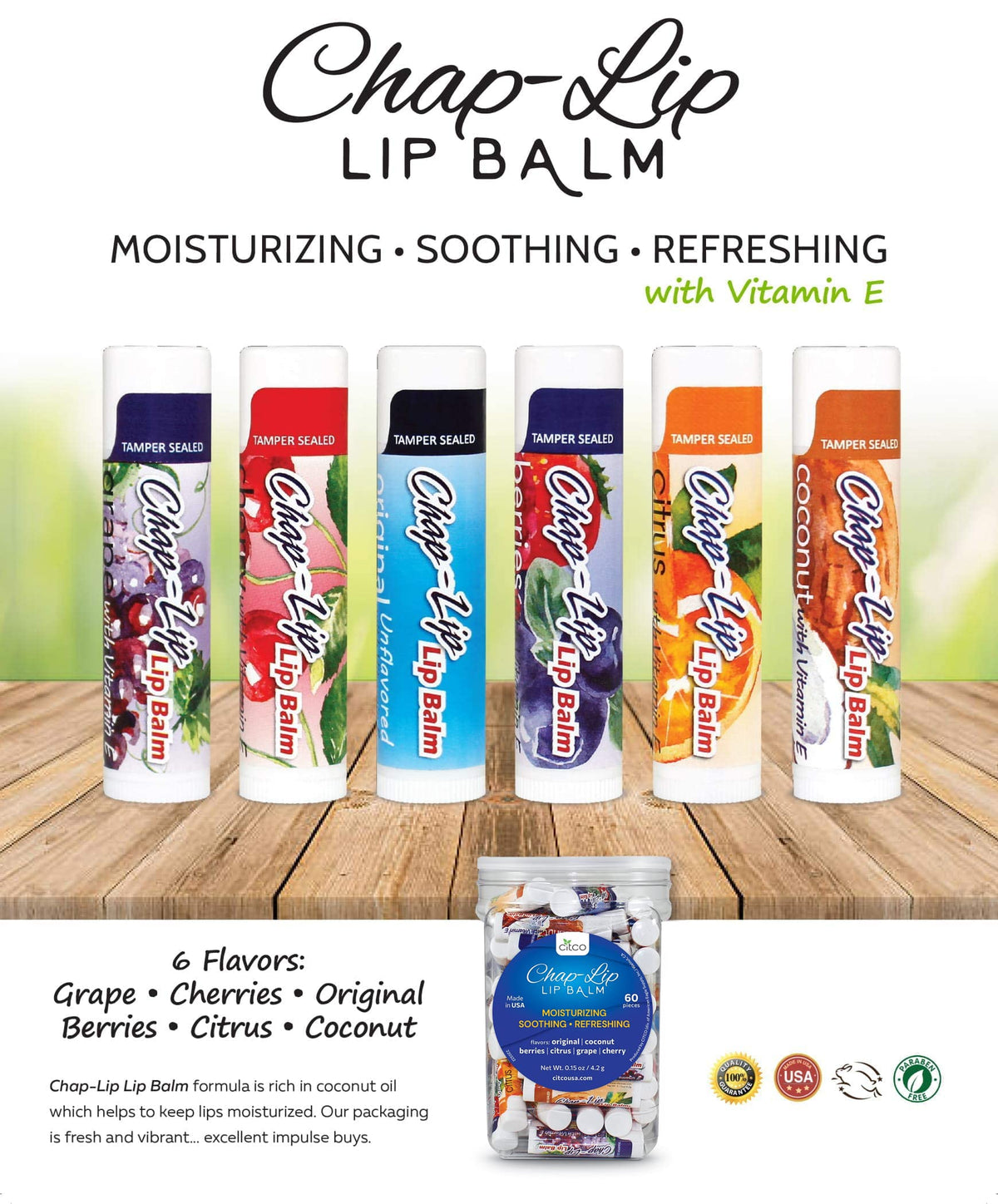 Chap-Lip assortment laid flat showing six flavors and variety benefits