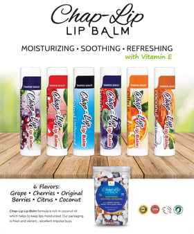 Chap-Lip assortment laid flat showing six flavors and variety benefits