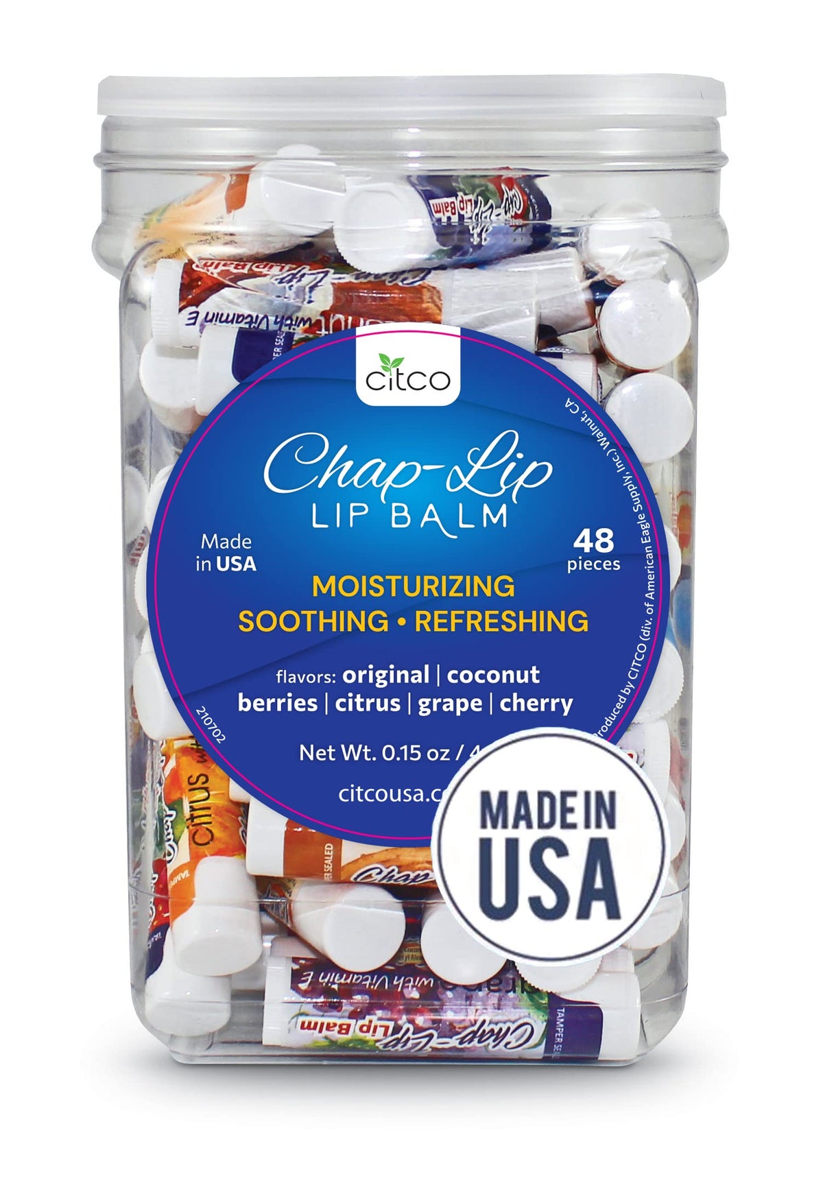 Chap-Lip front jar of 48 tubes showing assorted flavors and value