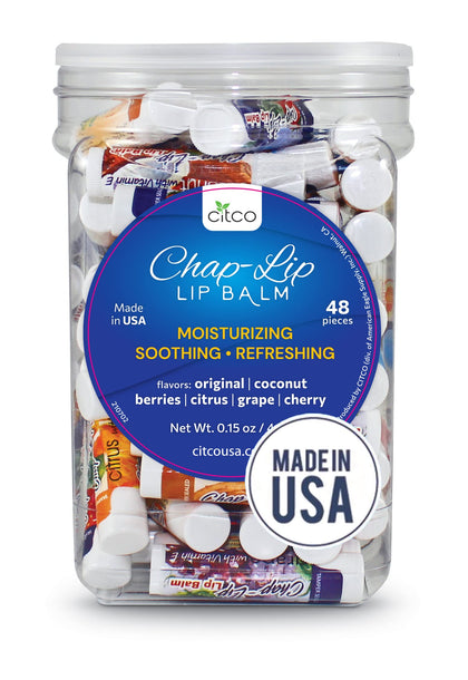 Chap-Lip front jar of 48 tubes showing assorted flavors and value