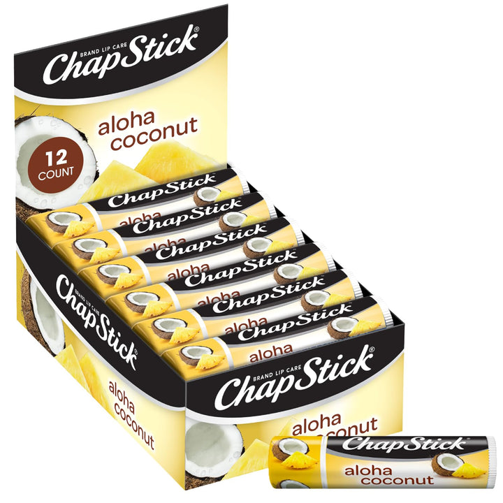 ChapStick Aloha Coconut front packaging showing twelve tubes and easy-grip benefits