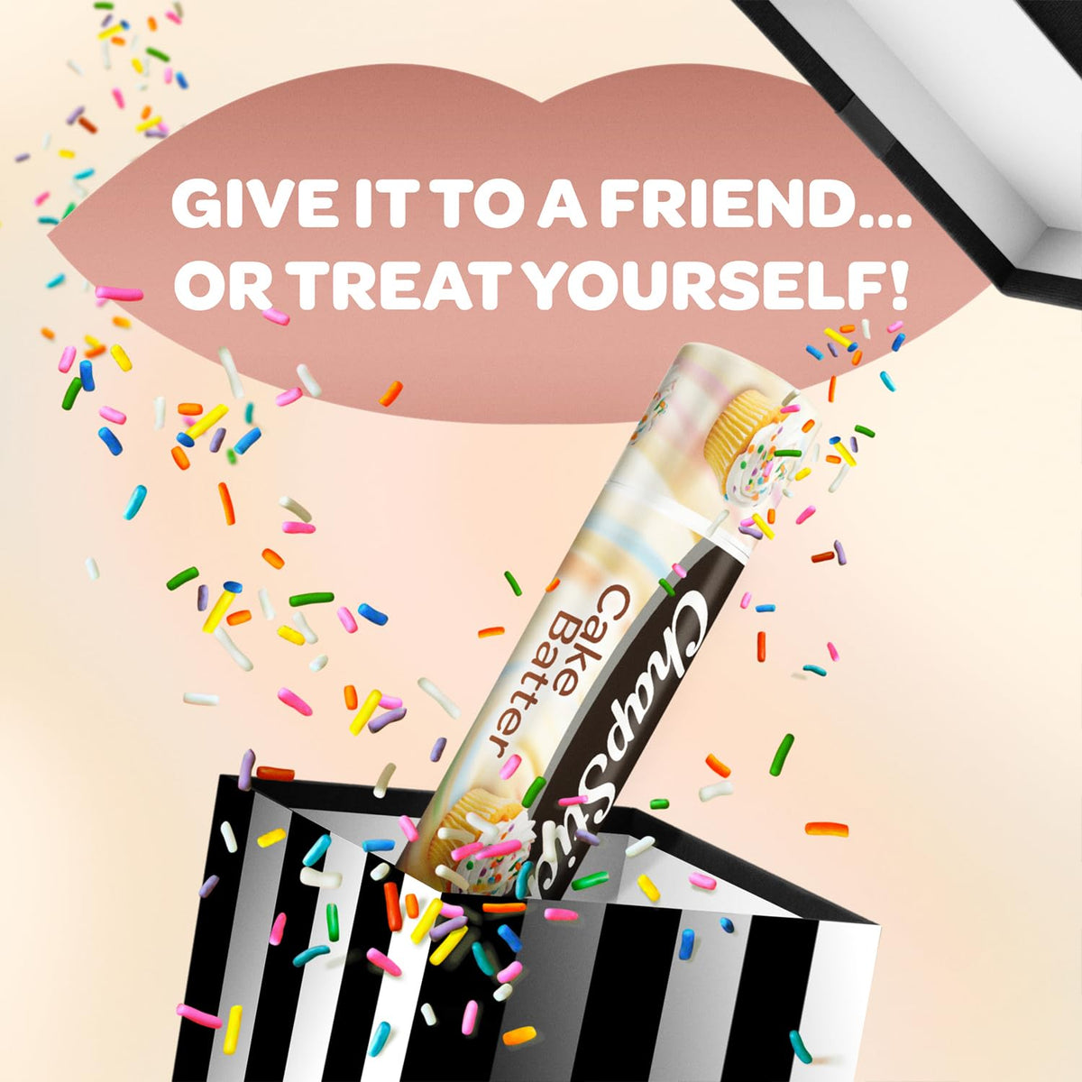Flat lay of all 12 ChapStick Cake Batter tubes displaying bulk value and shareability