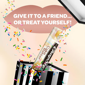Flat lay of all 12 ChapStick Cake Batter tubes displaying bulk value and shareability