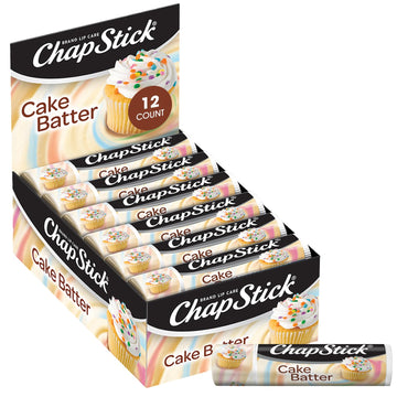ChapStick Cake Batter front packaging showing 12 tubes and sweet scent benefit