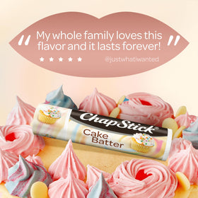Hand holding ChapStick Cake Batter tube showing pocket-friendly ChapStick convenience