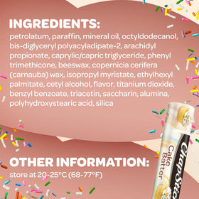 Close-up of single ChapStick Cake Batter tube highlighting smooth application benefit